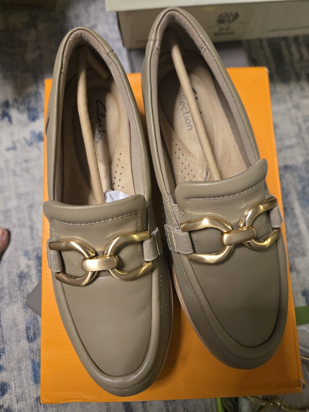 Clarks Womens Taupe Leather Loafers with Gold Chain Detail